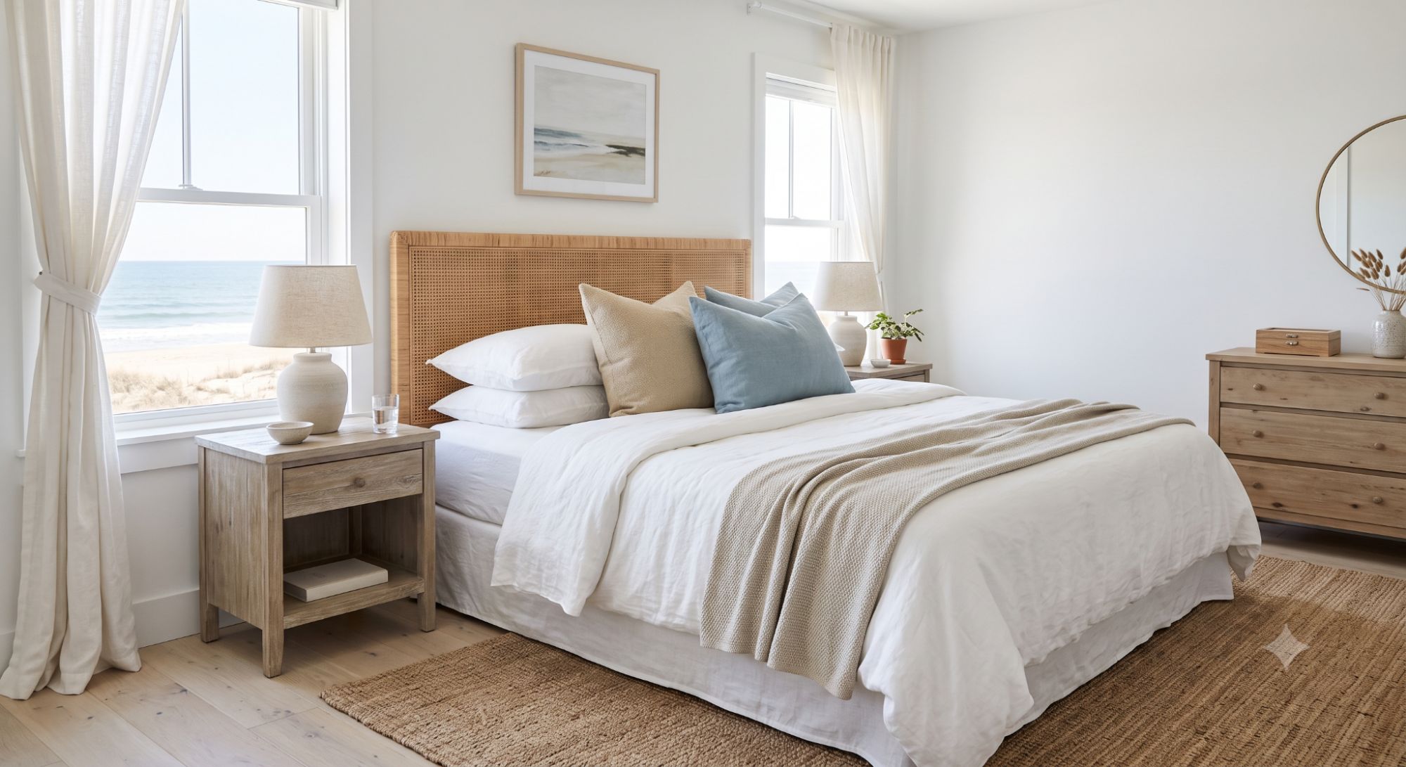 Beach house bedroom with white bedding, linen curtains, a rattan headboard, wood nightstands, and soft blue coastal accents.