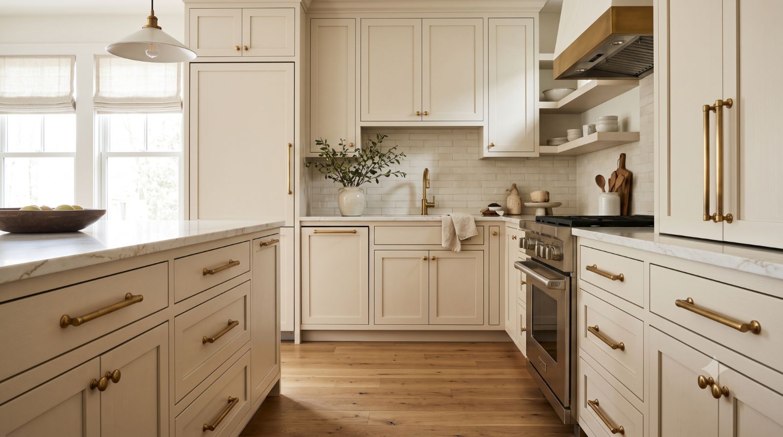 Realistic kitchen cabinets with bold matching handles and knobs in brass, black, or brushed nickel, showing an easy hardware update that adds style and function.