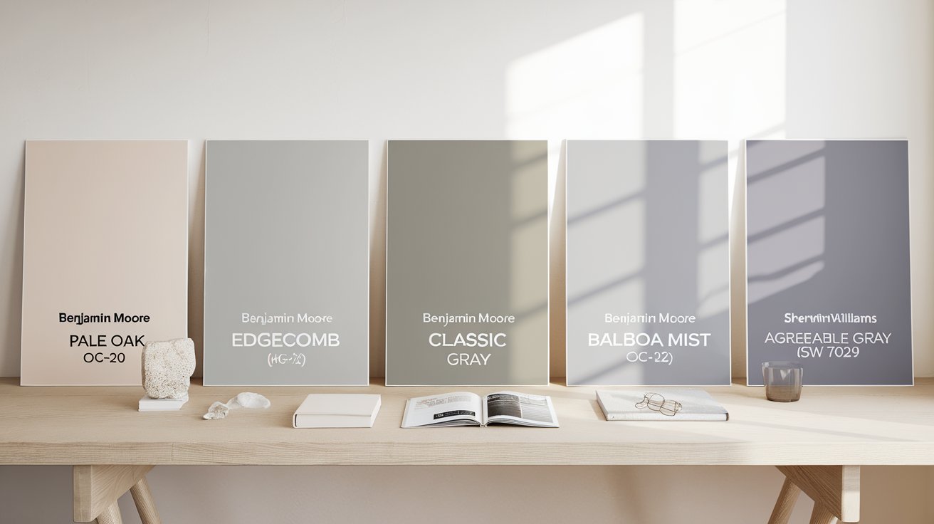 Side-by-side paint sample boards comparing Benjamin Moore Pale Oak, Edgecomb Gray, Classic Gray, Balboa Mist, and Sherwin-Williams Agreeable Gray on a light oak surface.