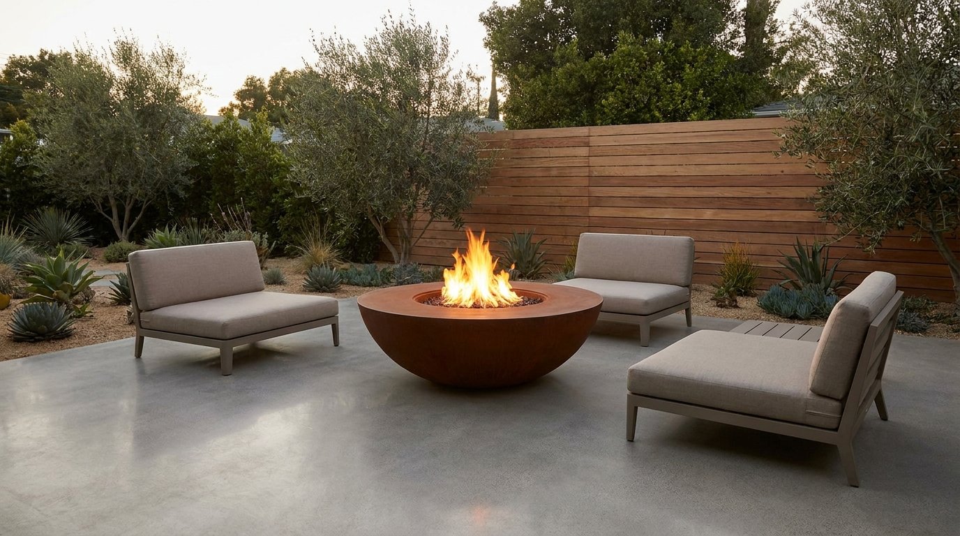 Sculptural fire bowl centerpiece with sleek seating in a modern minimalist backyard patio.
