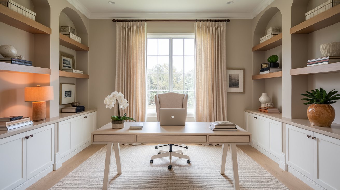 Home office with Benjamin Moore Pale Oak walls, Simply White trim, natural daylight, warm desk lamp, and light oak furniture creating a calm and productive workspace.