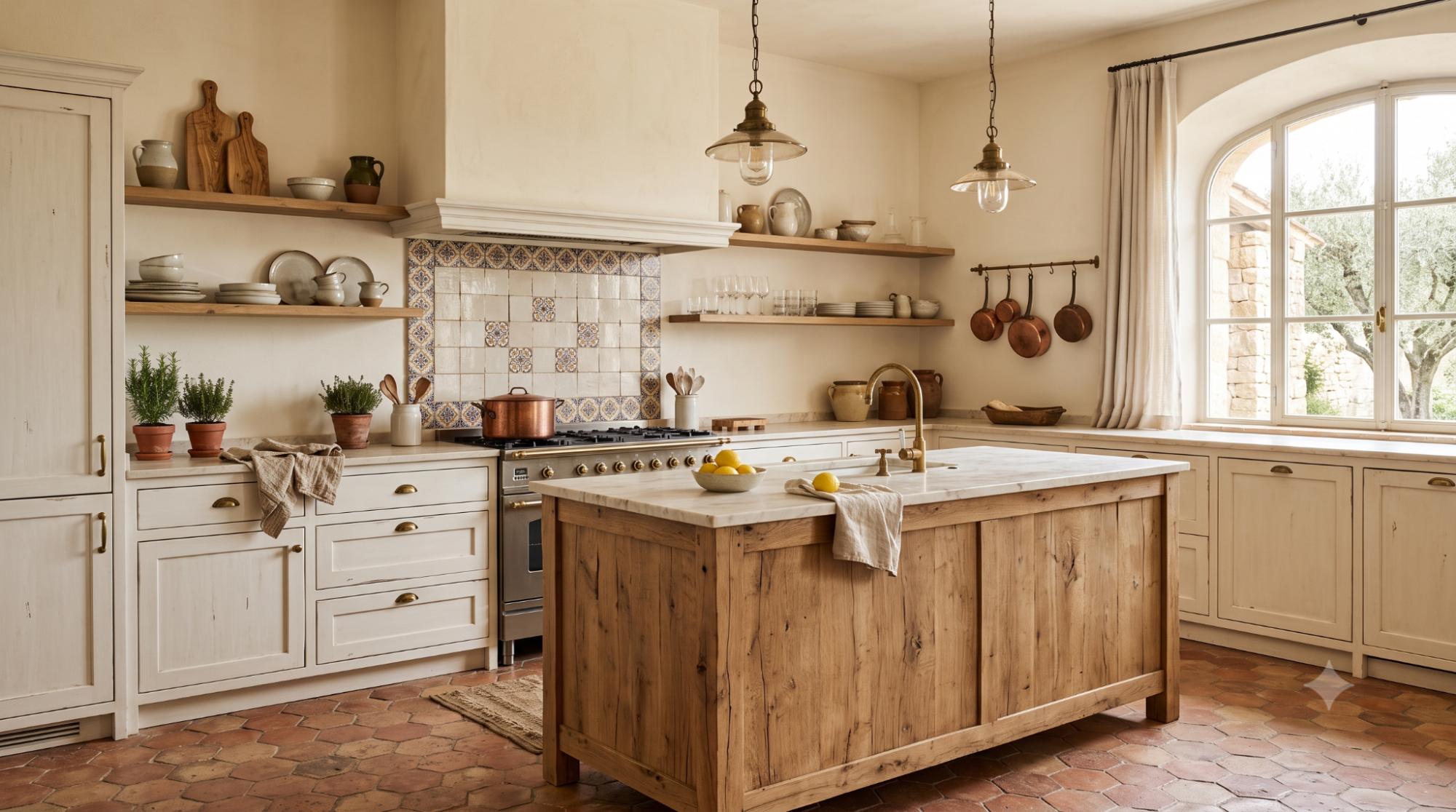 Mediterranean kitchen with warm white cabinets, patterned tile backsplash, rustic wood island, open shelves, terracotta floor, ceramic dishes, and brass accents.