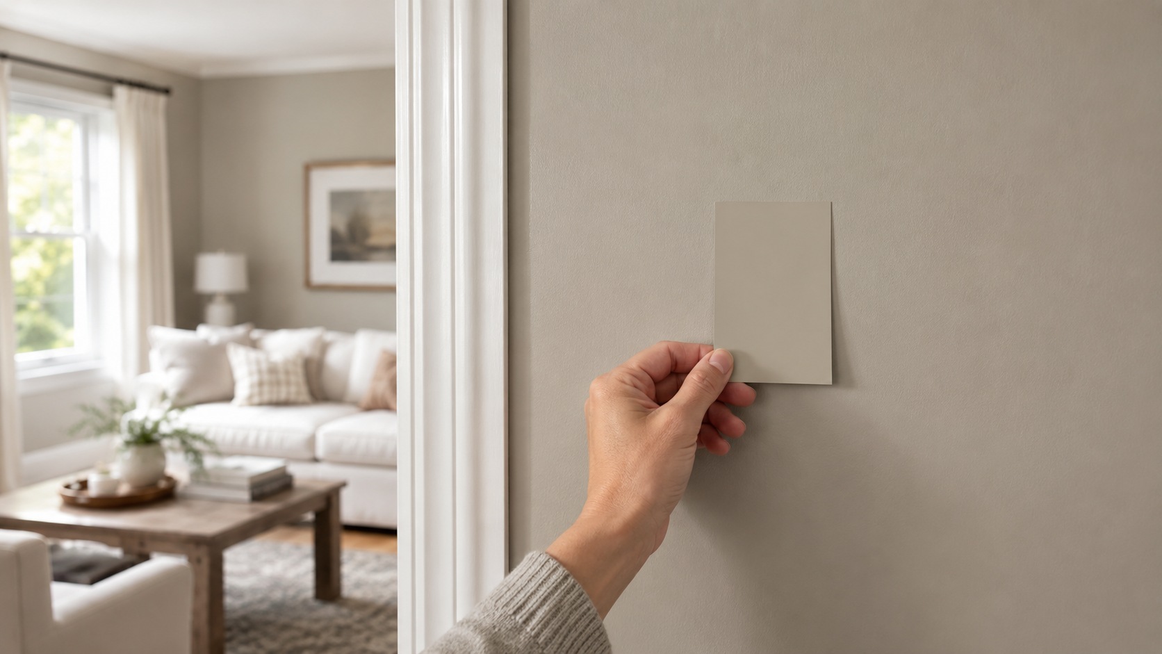 Hand holding a peel-and-stick Revere Pewter paint sample against a greige living room wall to test how the color looks in natural daylight.