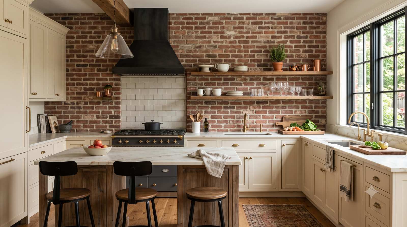Realistic kitchen with an exposed brick wall, showing authentic texture and warmth that adds character to a farmhouse or industrial-style kitchen.