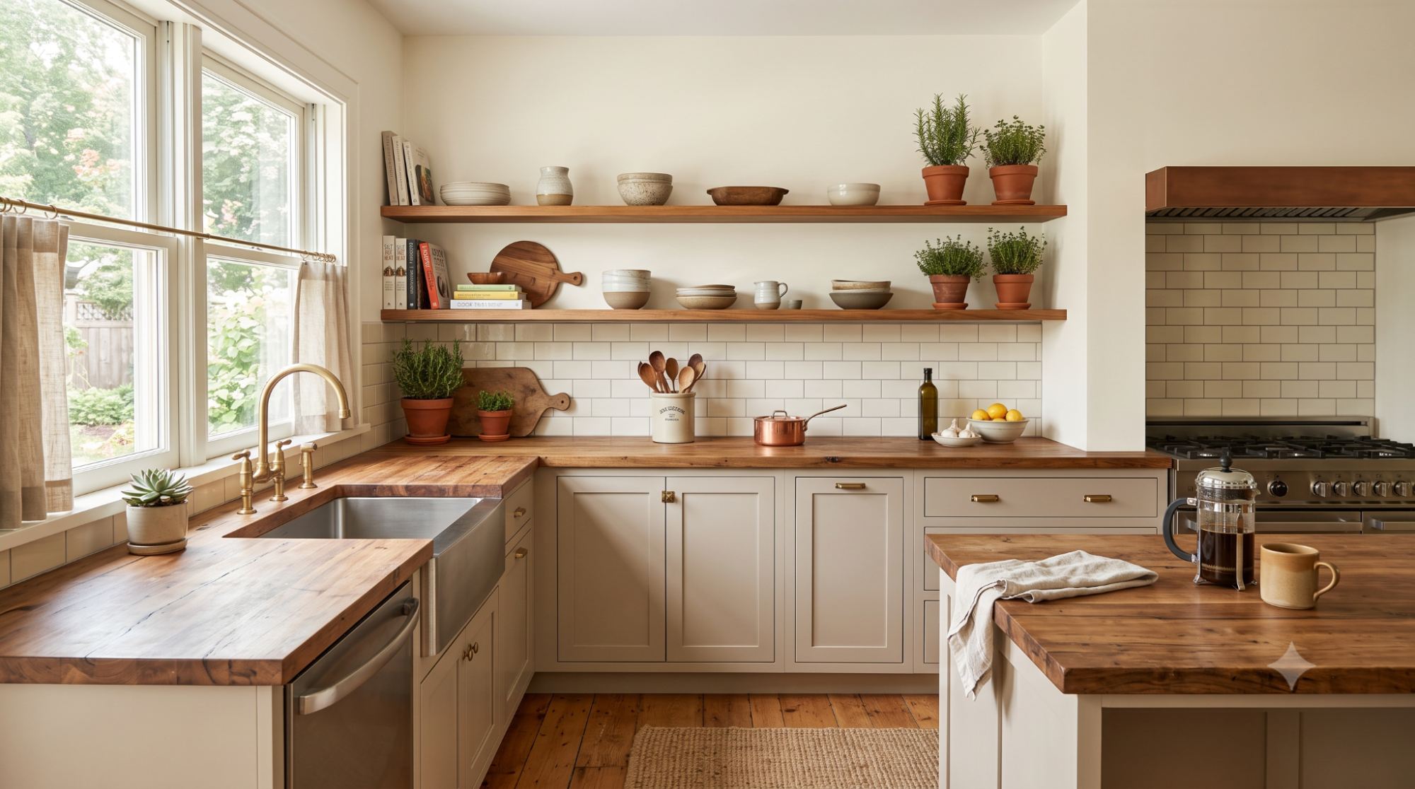 Warm kitchen with Swiss Coffee walls, butcher block counters, wood open shelving, and a cream subway tile backsplash.