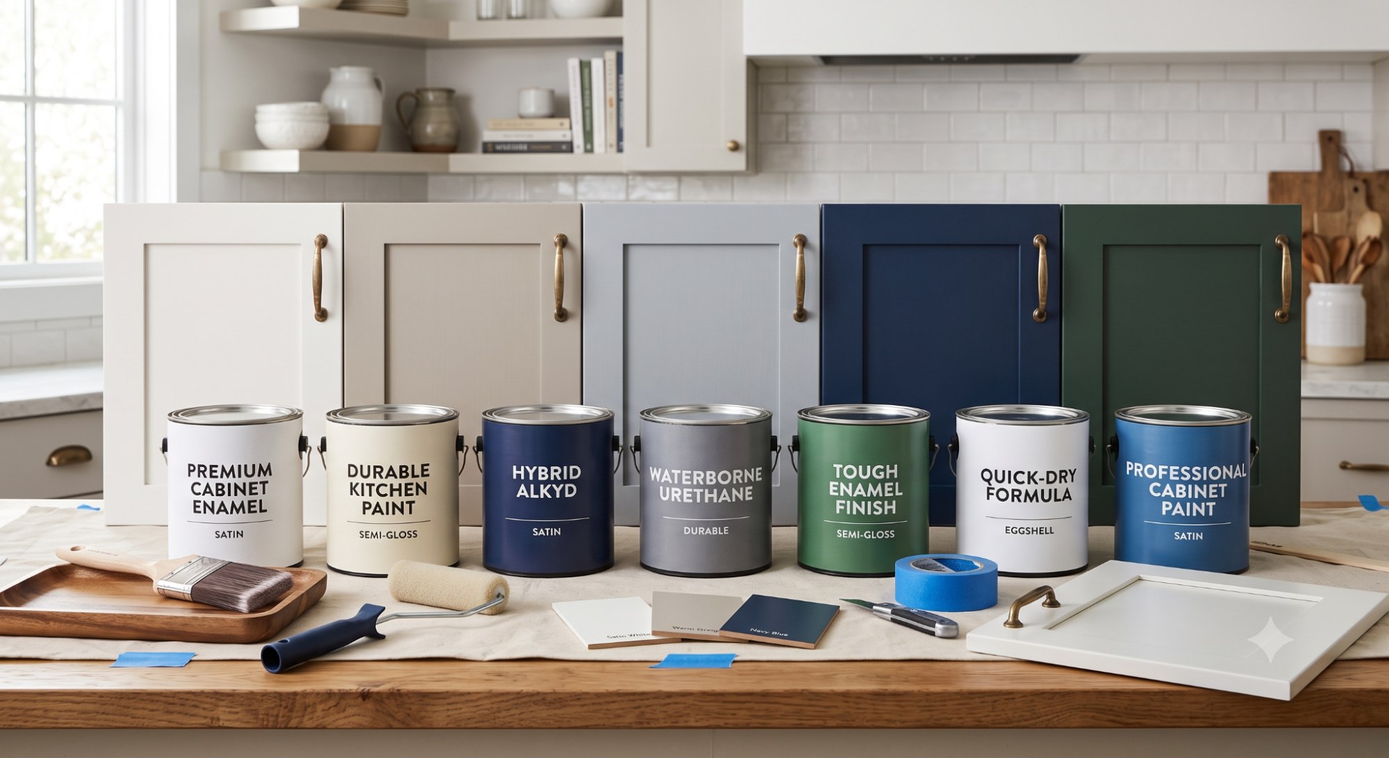 Lineup of cabinet paint cans with brushes, rollers, sample boards, and painted kitchen cabinet doors in popular colors.