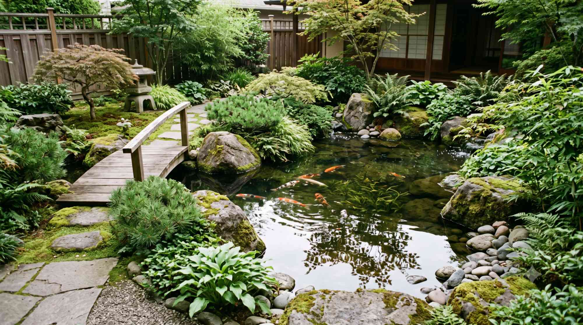 Peaceful Japanese koi pond with rocks, plants, clear water, koi fish, and a small wooden bridge.