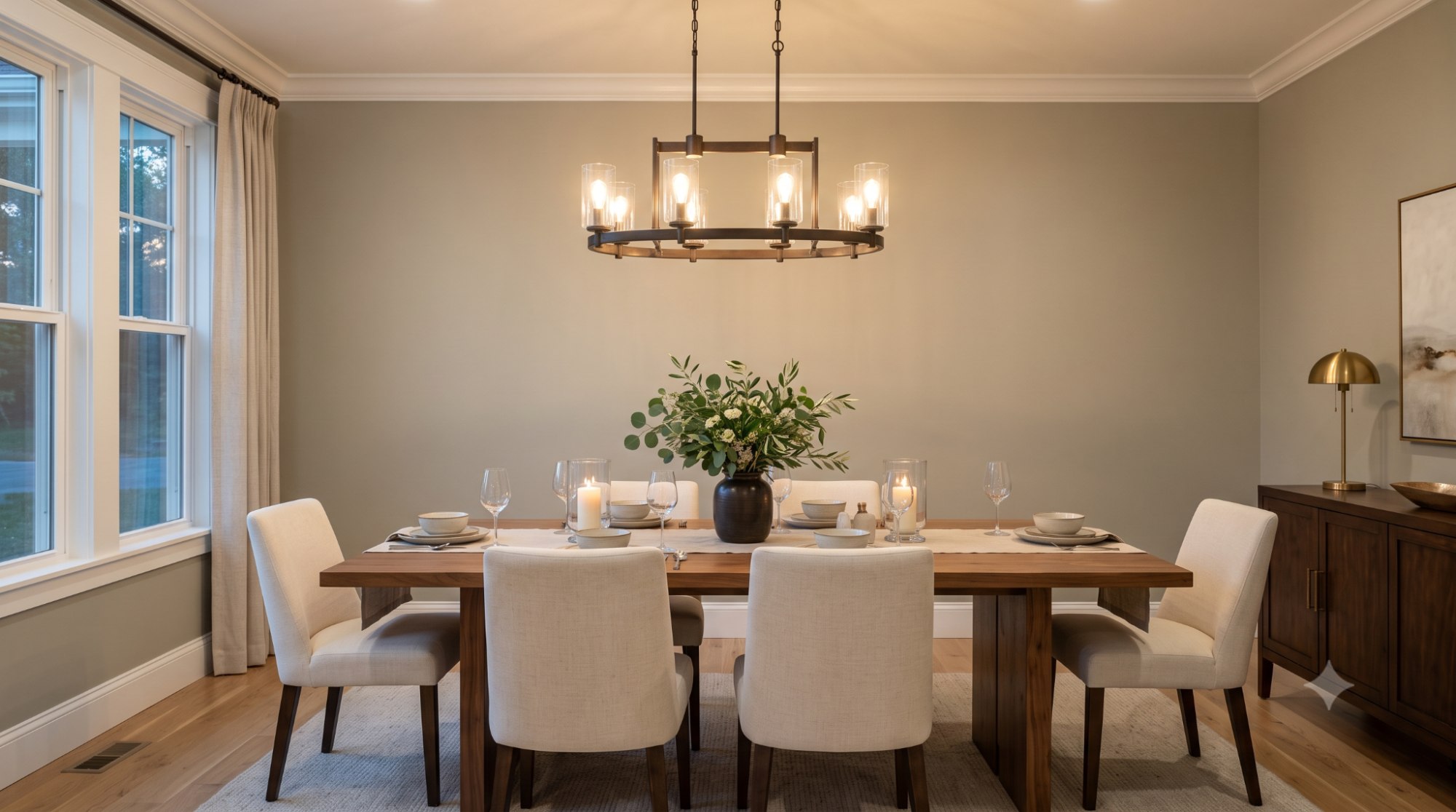 Elegant dining room with Benjamin Moore Revere Pewter walls, warm chandelier lighting, walnut dining table, cream chairs, and white trim highlighting its inviting warm greige color.
