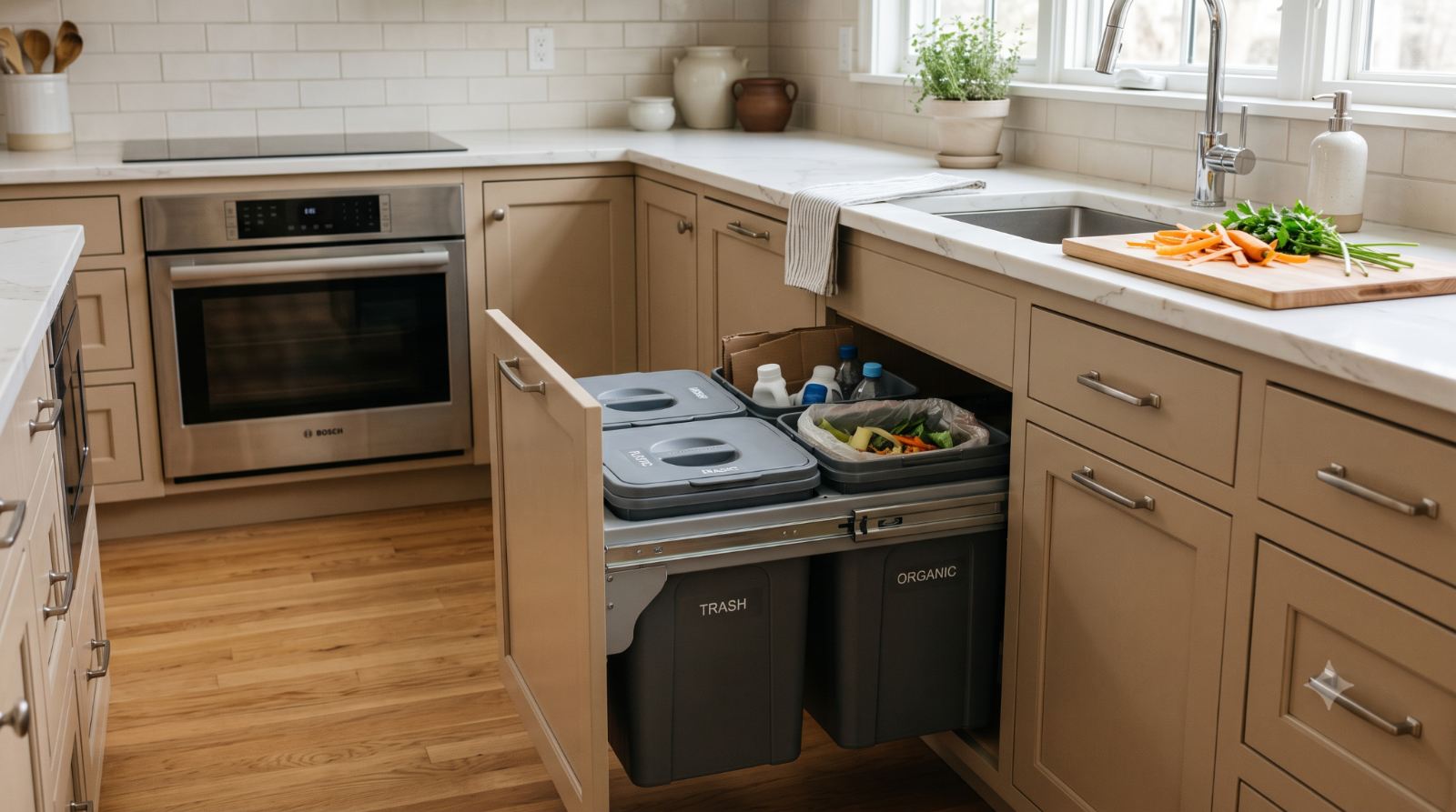 Realistic kitchen with a pull-out cabinet drawer holding separate trash and recycling bins, keeping garbage hidden while making sorting easy and organized.
