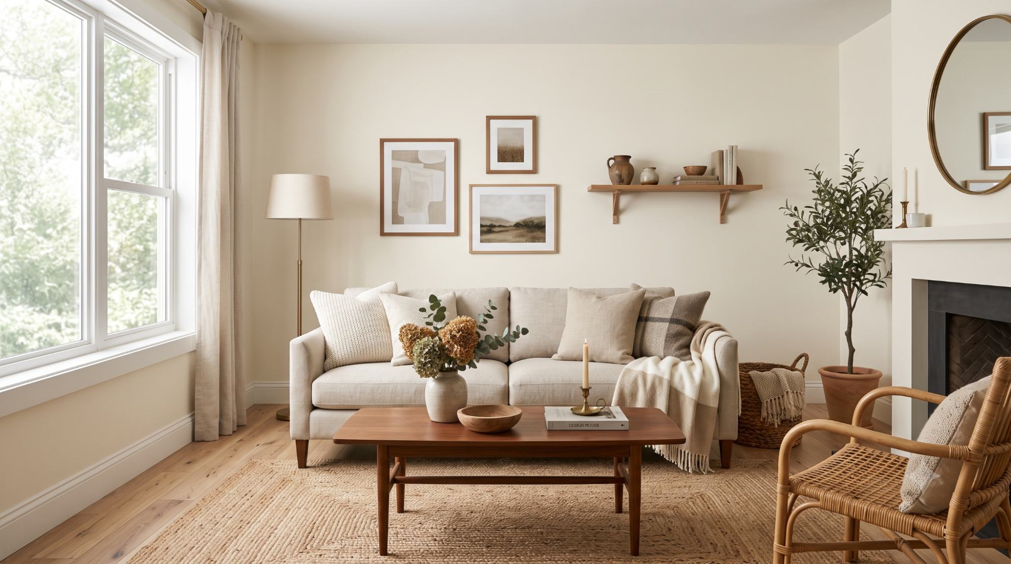 Living room with Swiss Coffee warm off-white walls, beige sofa, jute rug, wood floors, and warm neutral decor.