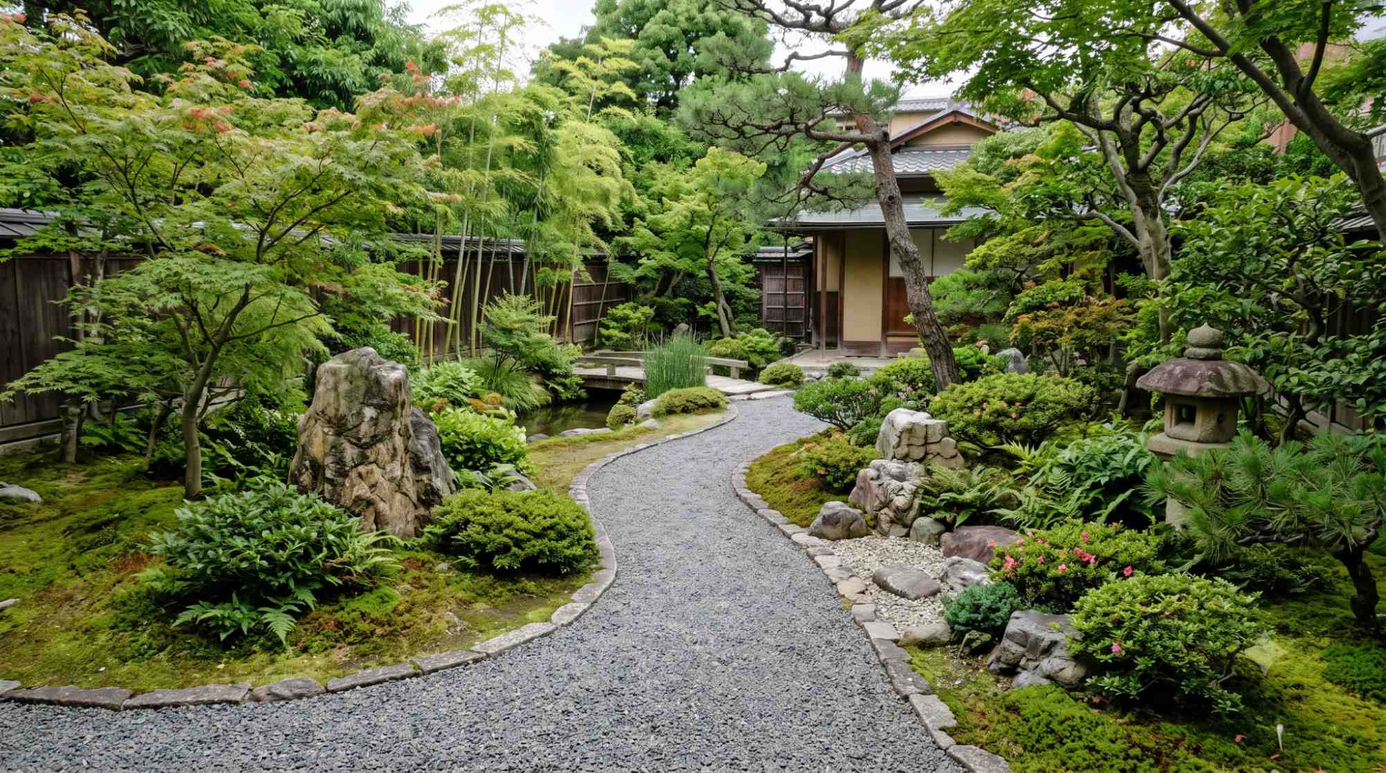 Asymmetrical Japanese garden with off-center rocks, varied plant heights, moss, and a curved gravel path.