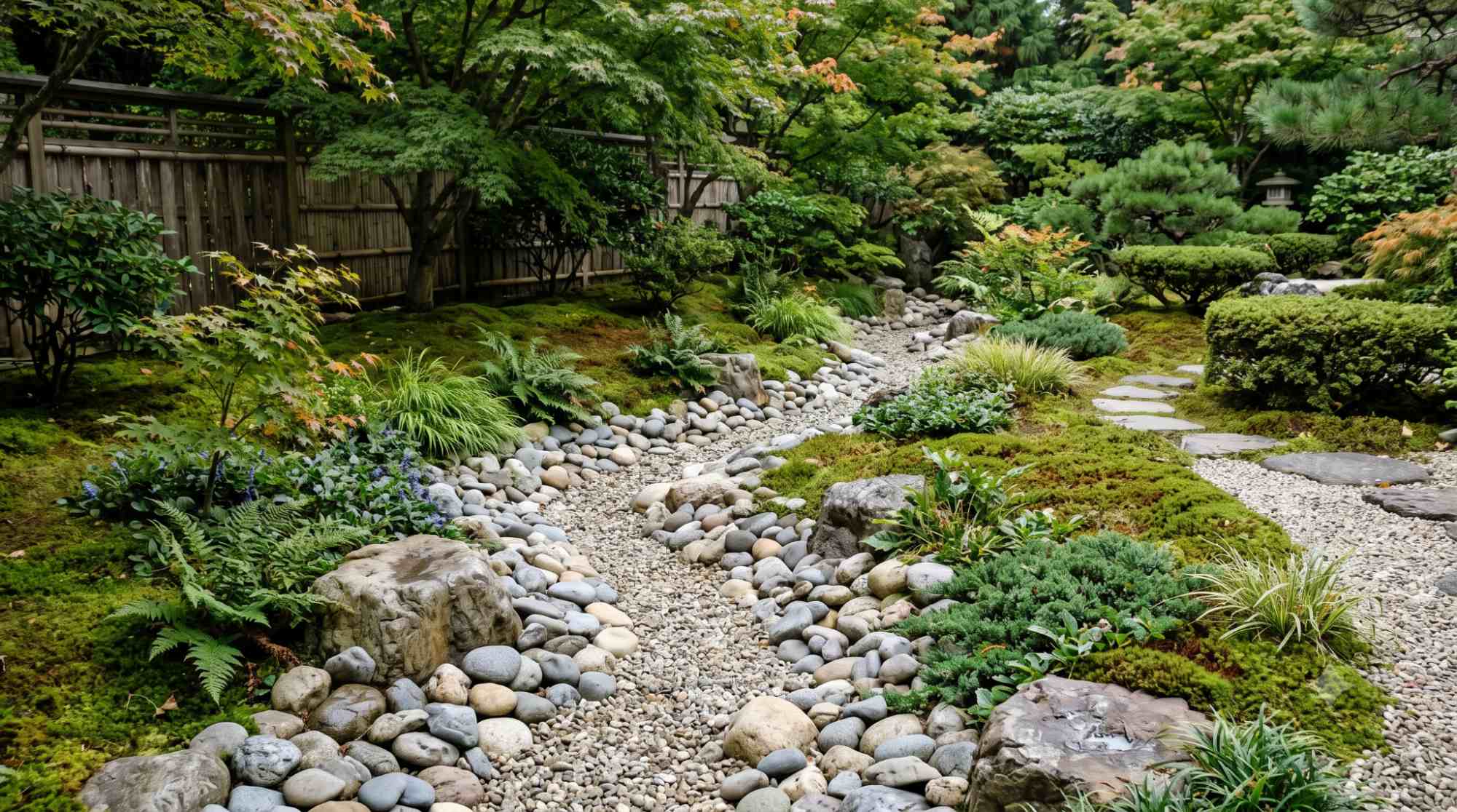 Dry stream bed with river rocks, gravel, moss, and plants in a peaceful Japanese garden.