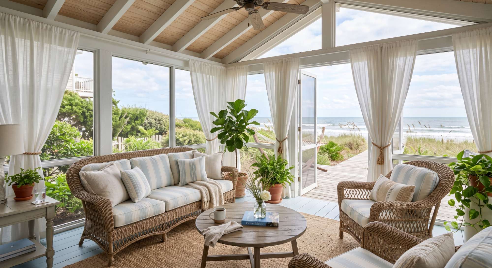 Beach house screened porch or sunroom with wicker seating, light curtains, plants, and a bright airy coastal feel connected to the outdoors.