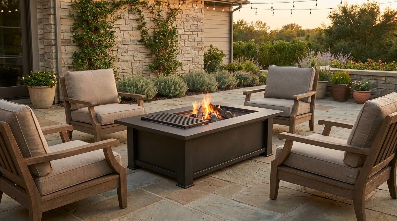 Above-ground fire pit on a backyard patio with simple outdoor seating and a cozy finished look.