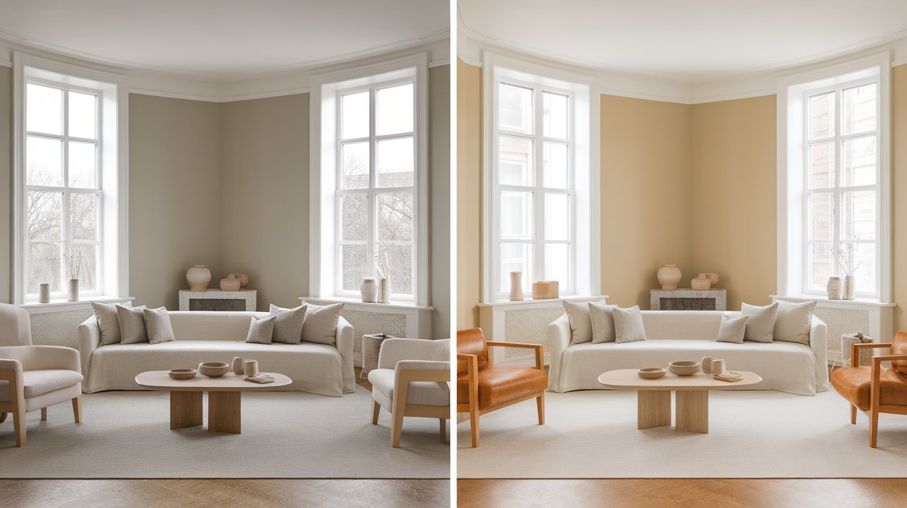 Split comparison of Benjamin Moore Pale Oak in identical living rooms showing cooler gray undertones in north-facing light and warmer beige undertones in south-facing natural light.