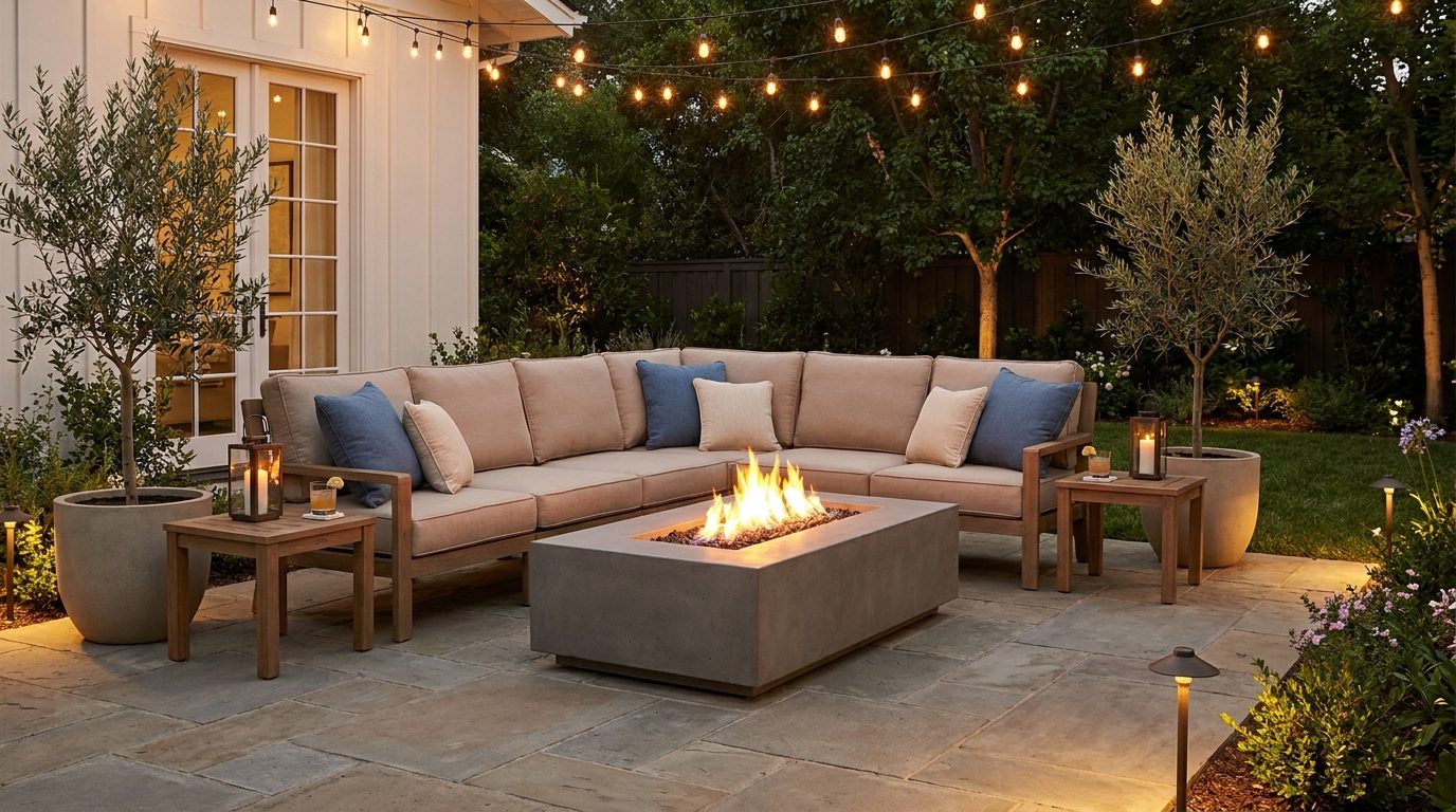 Fire pit with outdoor sectional sofa on a spacious cozy patio designed like an outdoor living room.