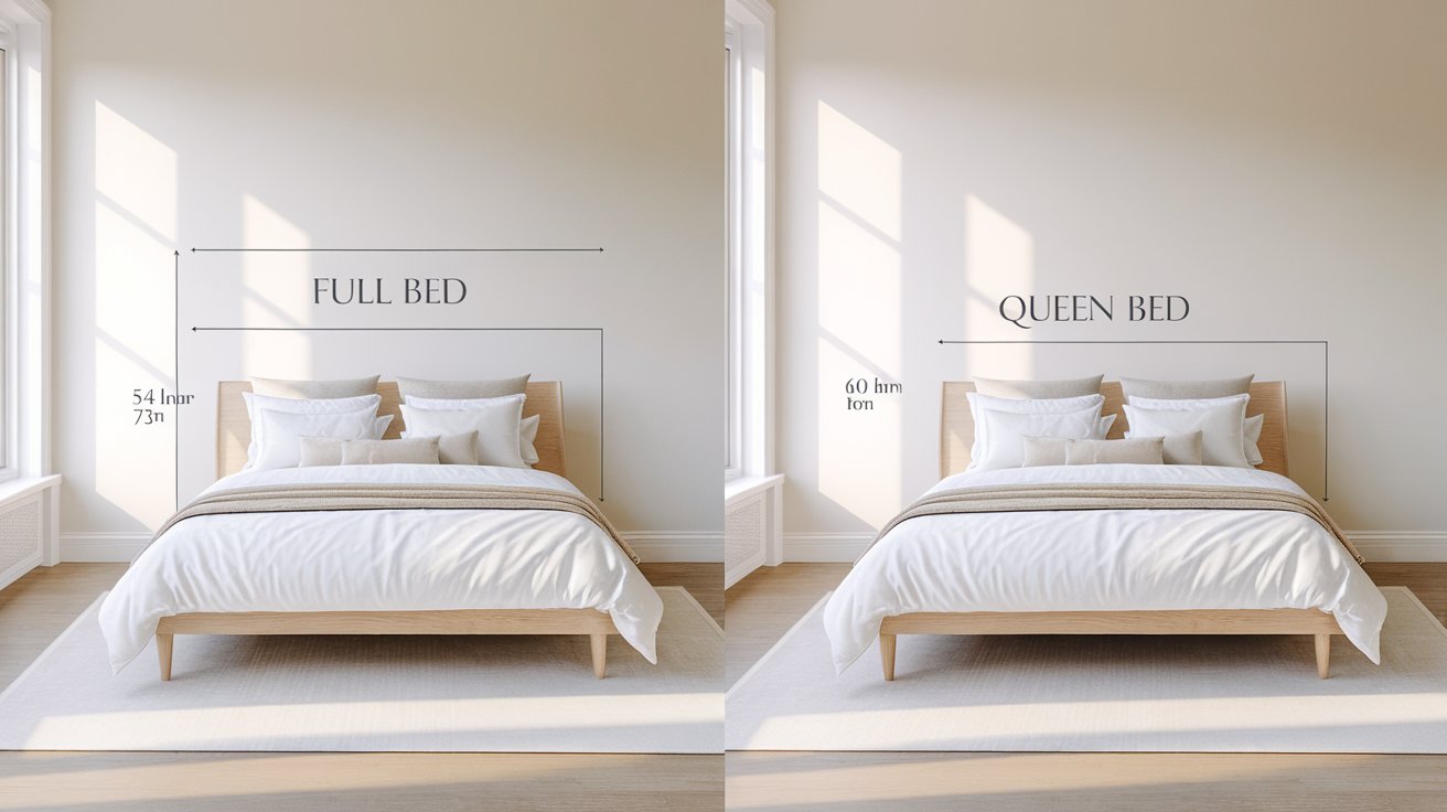 Side-by-side comparison of a full bed and a queen bed showing their size difference with realistic dimensions and modern bedroom styling.