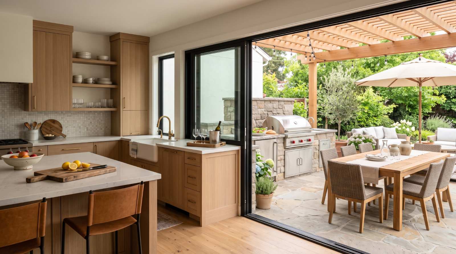 Realistic indoor kitchen connected to an outdoor cooking area through wide open doors or a pass-through window, creating easy access for entertaining and serving food.