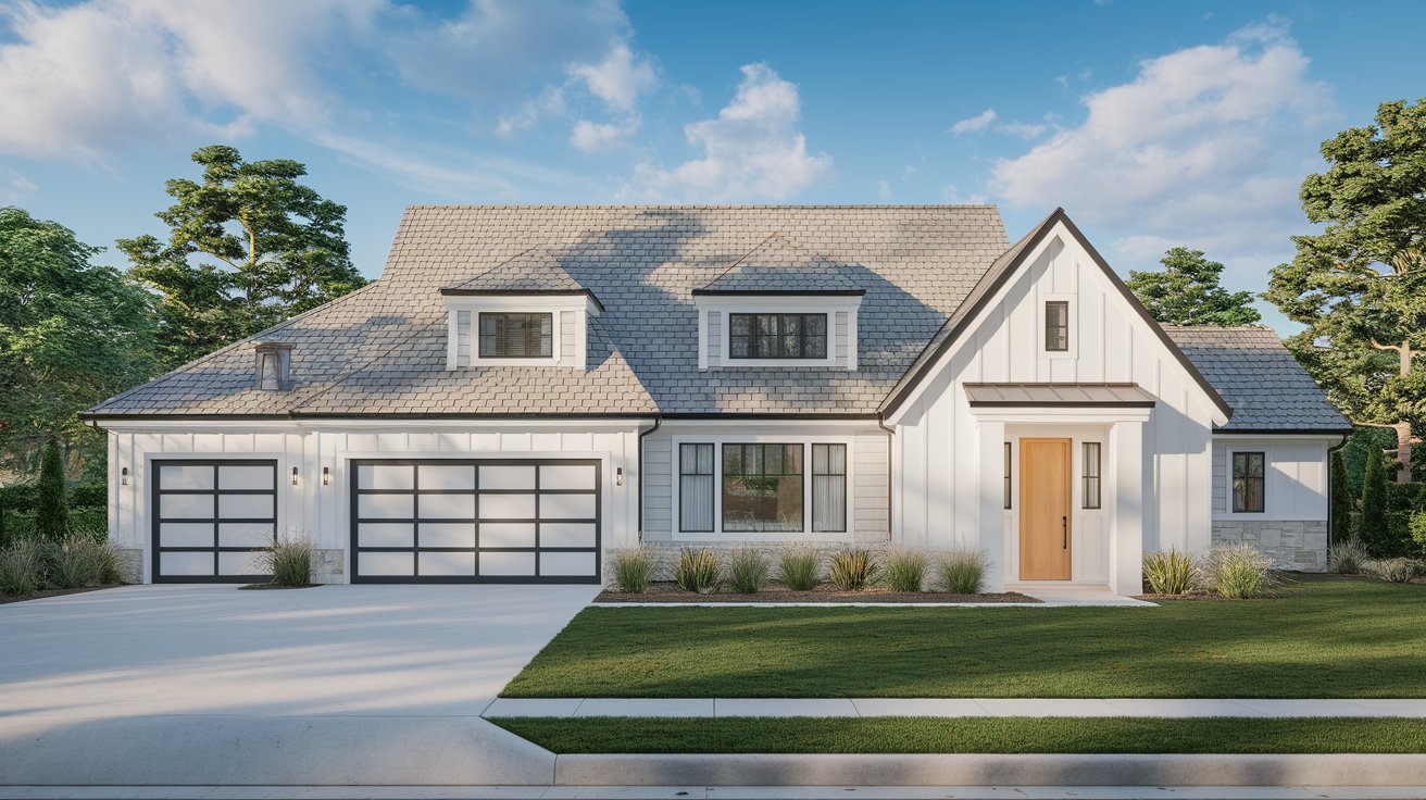 Contemporary home with a light gray architectural shingle roof and white-gray siding showcasing a soft, modern roof color that enhances curb appeal and reflects more sunlight.