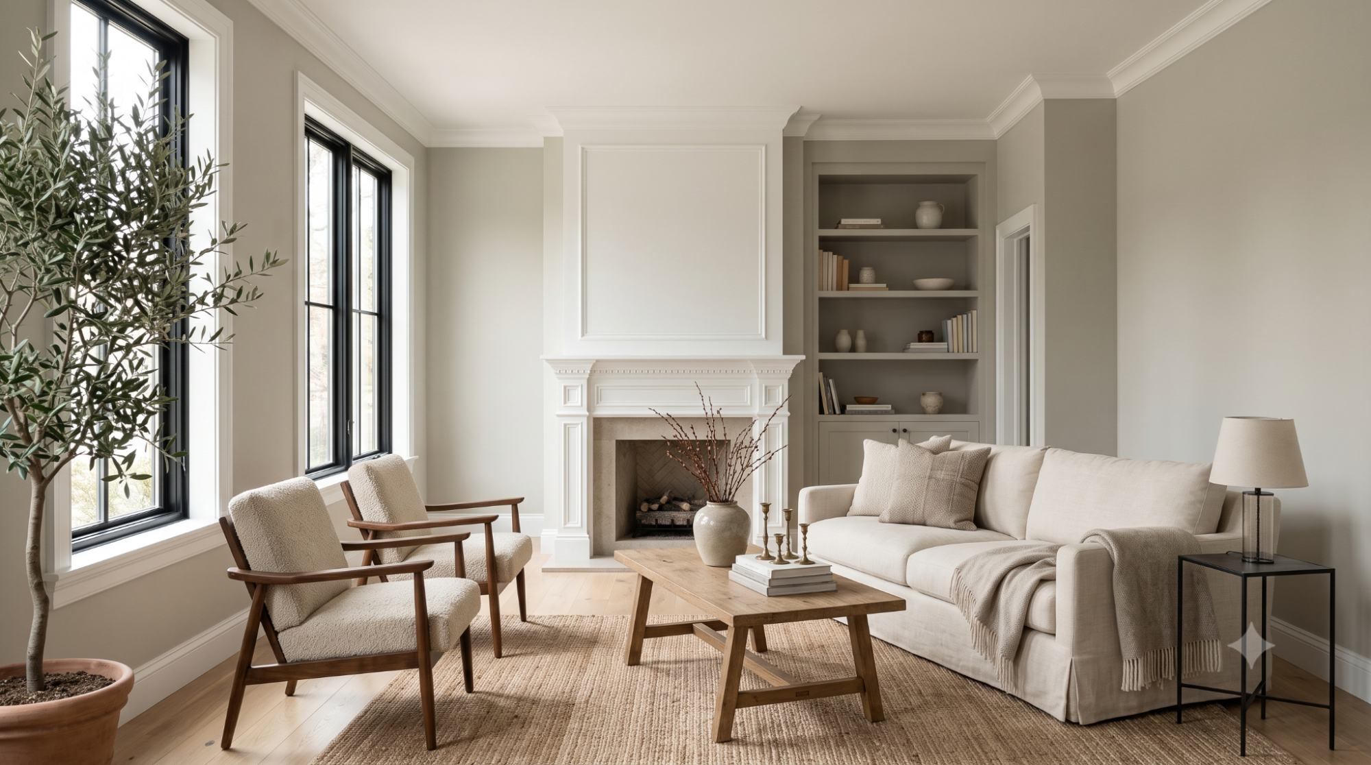 Timeless living room with Benjamin Moore Revere Pewter walls, white trim, classic and modern furniture, and natural daylight highlighting its warm greige color.