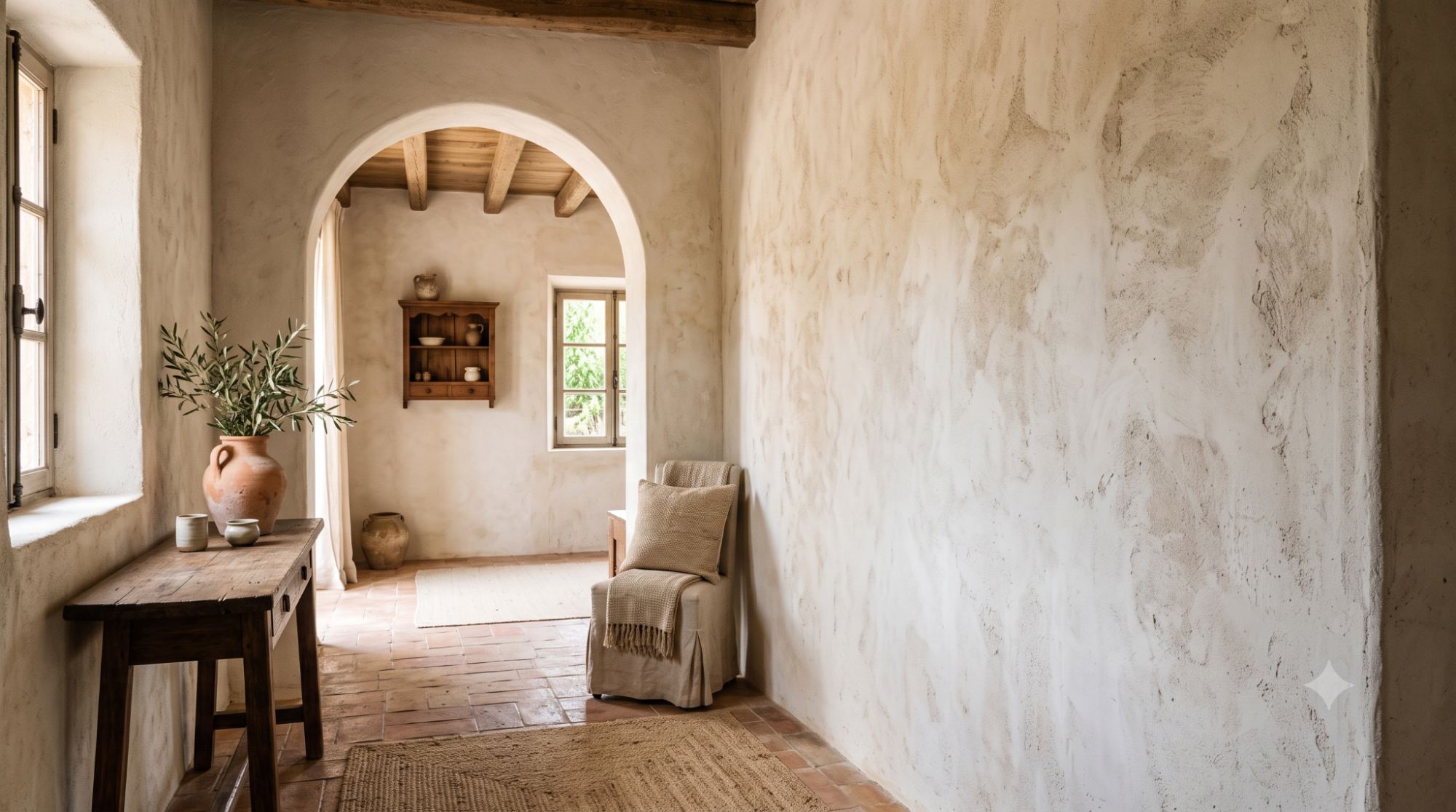 Mediterranean room with textured plaster walls, limewash finish, arched doorway, rustic wood table, terracotta floor tiles, and simple ceramic decor.