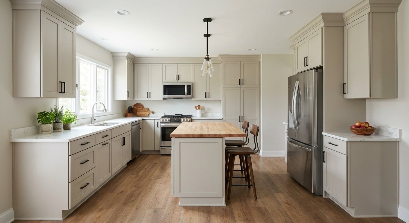 Major kitchen remodel with new cabinets, quartz countertops, updated appliances, modern lighting and a central island.