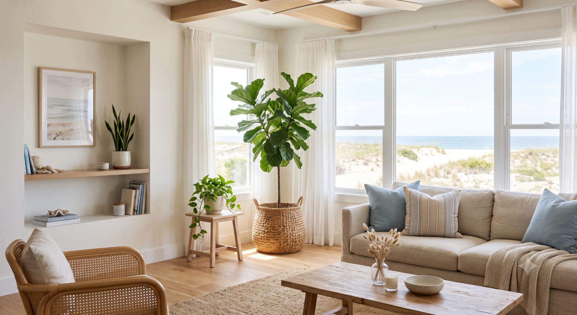 Beach house interior with indoor plants, woven baskets, natural light, white walls, and fresh relaxed coastal styling.