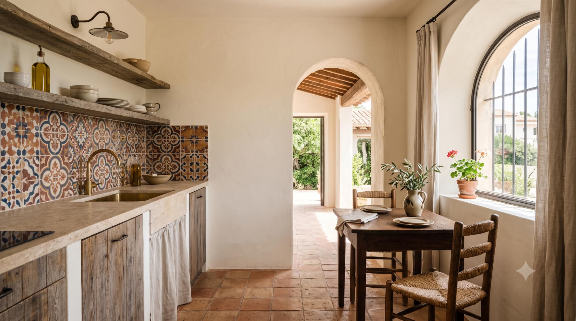 Mediterranean kitchen nook with patterned Spanish-style tile backsplash, plaster walls, rustic wood shelves, ceramic dishes, terracotta floor tiles, and warm natural light.