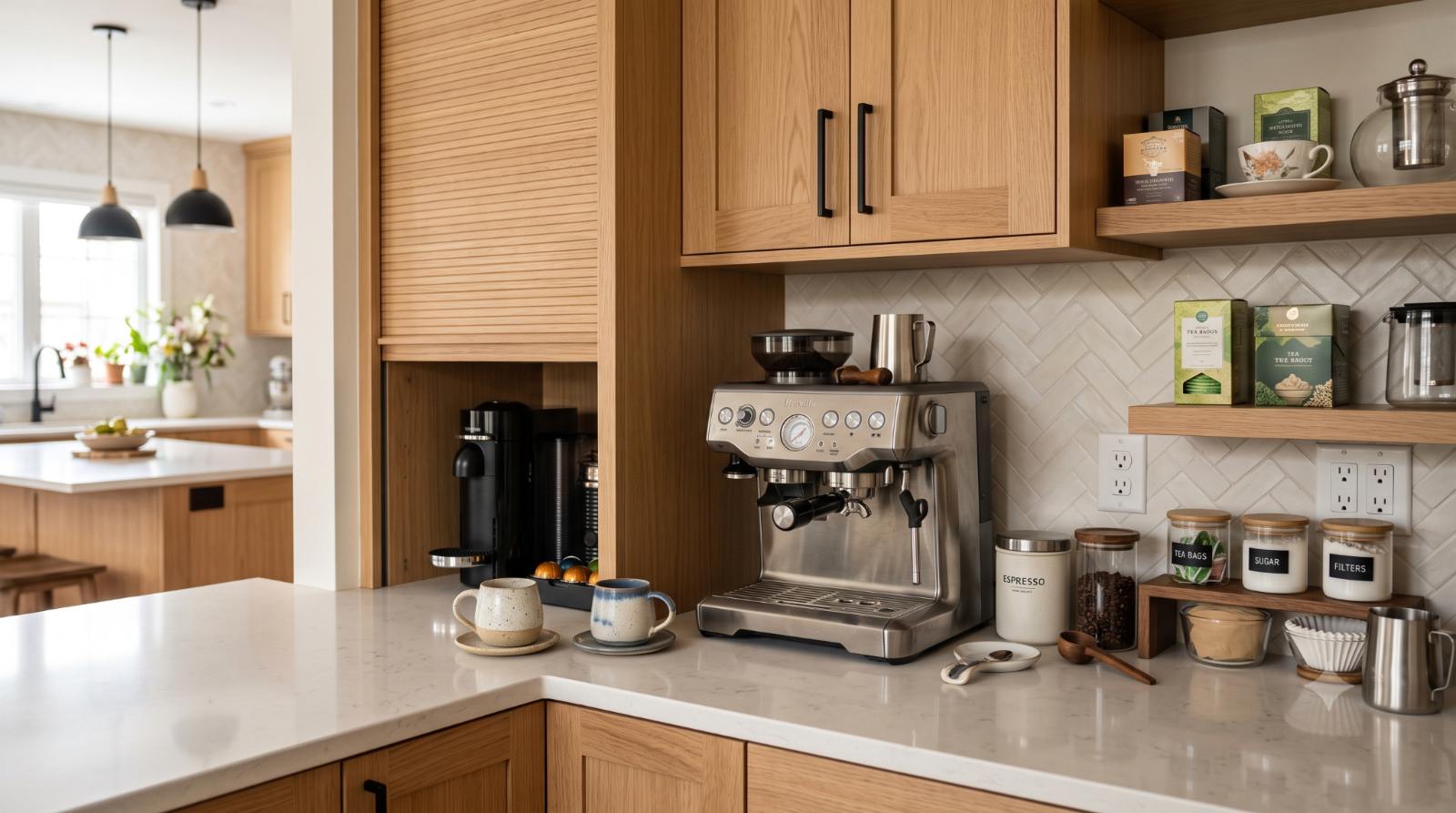 Realistic kitchen coffee station with a coffee maker, mugs, tea supplies, filters, and sweeteners, plus an appliance garage cabinet that helps keep the countertop organized.
