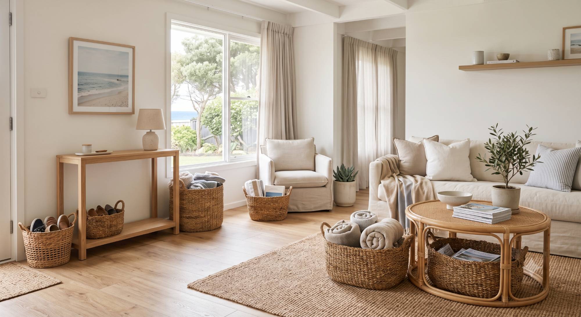 Beach house interior with seagrass baskets for storage, natural textures, soft coastal colors, and a clean relaxed look.