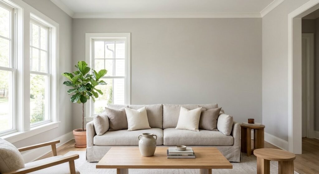 Sherwin Williams Repose Gray SW 7015 living room walls with natural wood furniture and soft daylight
