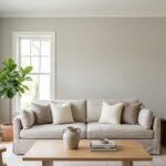 Sherwin Williams Repose Gray SW 7015 living room walls with natural wood furniture and soft daylight