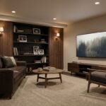 Realistic stylish man cave with comfortable seating, wall-mounted TV, warm layered lighting, wood details, and organized shelves with subtle personal decor.