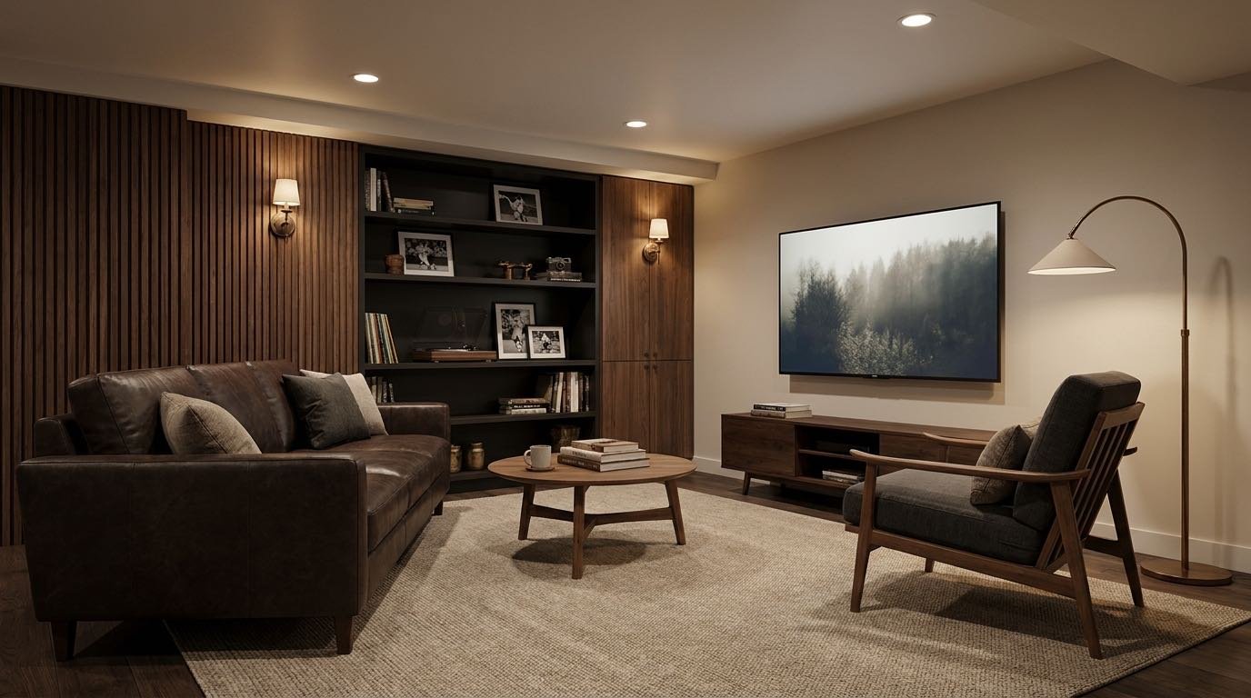 Realistic stylish man cave with comfortable seating, wall-mounted TV, warm layered lighting, wood details, and organized shelves with subtle personal decor.