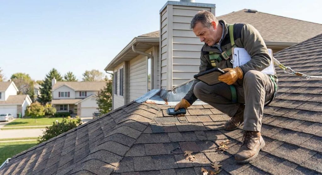 Professional roofing inspector examining asphalt shingles during a residential roof inspection.