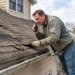 Homeowner inspecting damaged asphalt shingles on an aging roof before replacement.