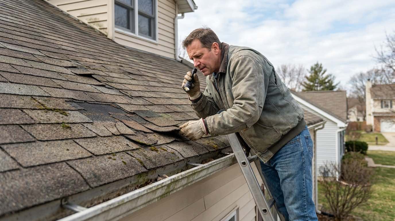 Homeowner inspecting damaged asphalt shingles on an aging roof before replacement.