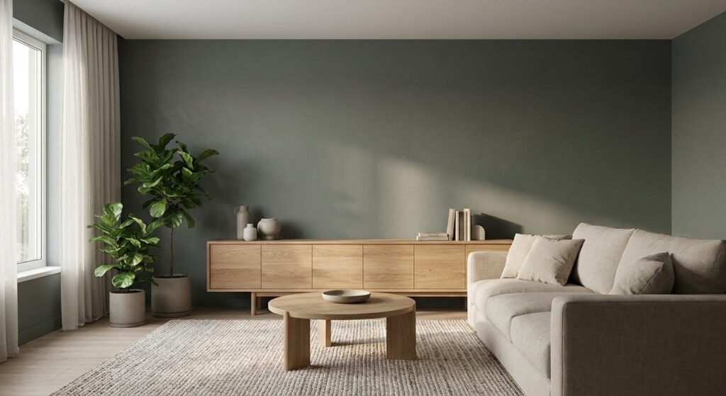 Sherwin Williams Rosemary SW 6187 painted living room wall with natural wood furniture and soft daylight