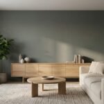 Sherwin Williams Rosemary SW 6187 painted living room wall with natural wood furniture and soft daylight