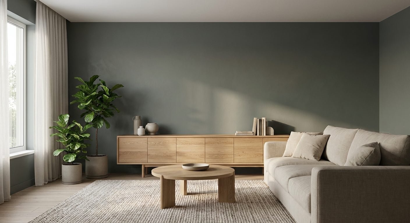 Sherwin Williams Rosemary SW 6187 painted living room wall with natural wood furniture and soft daylight