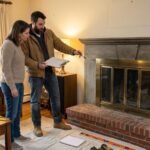 Homeowner and contractor discussing cost to replace a fireplace
