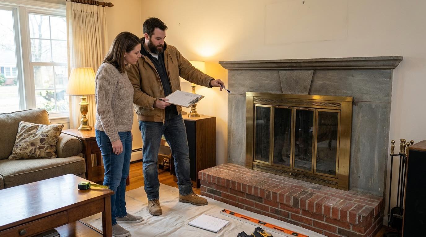 Homeowner and contractor discussing cost to replace a fireplace
