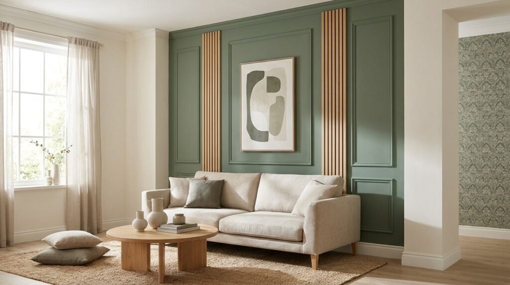 Cozy living room with a cream sofa, round wooden coffee table, and sage green paneled accent wall decorated with abstract artwork and natural wood slats.