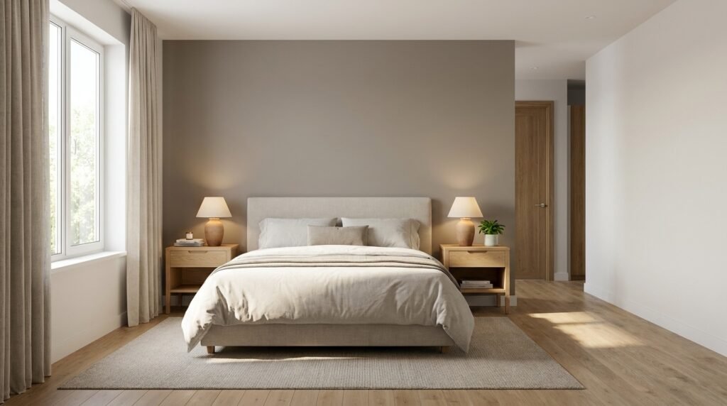 Feng shui bedroom layout with balanced furniture placement, natural light, and an uncluttered design