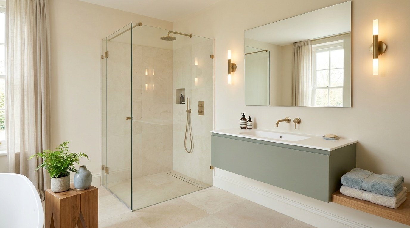 Modern bathroom with neutral walls, sage green vanity, blue-gray accents, wood, and brass fixtures.