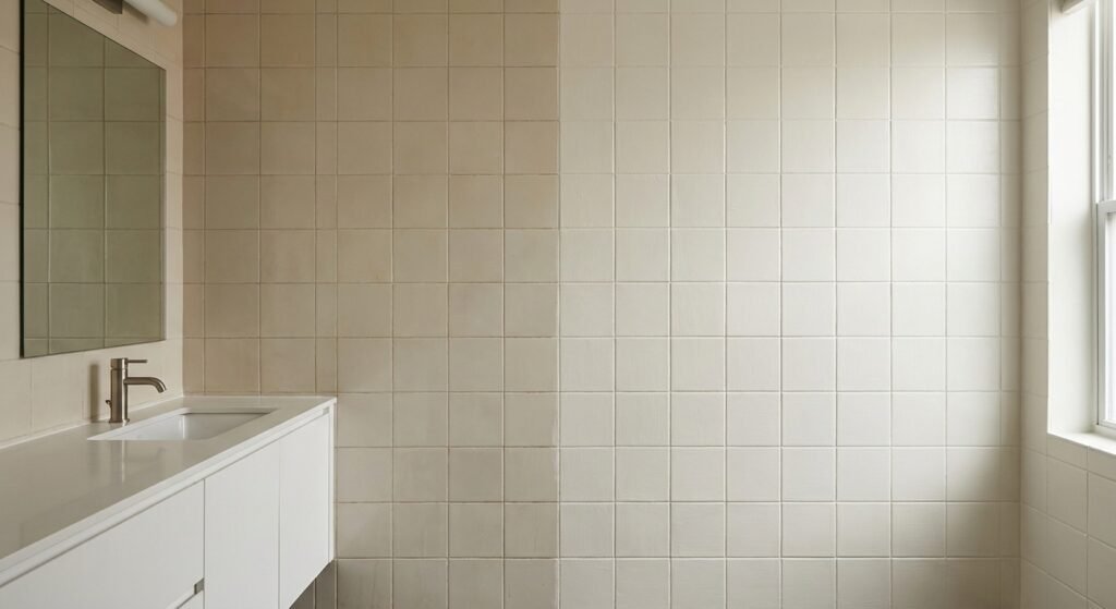 Before and after transformation of dated ceramic bathroom tile painted in a fresh modern finish.
