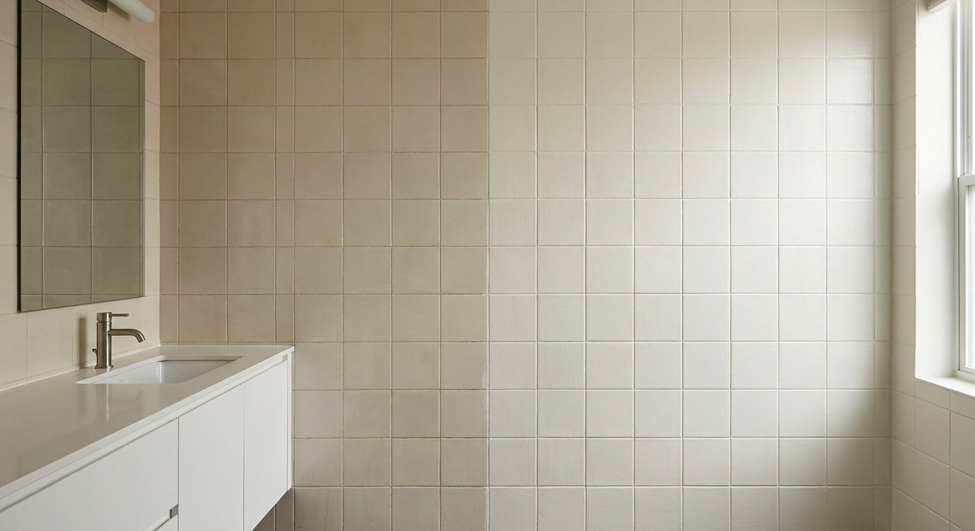 Before and after transformation of dated ceramic bathroom tile painted in a fresh modern finish.