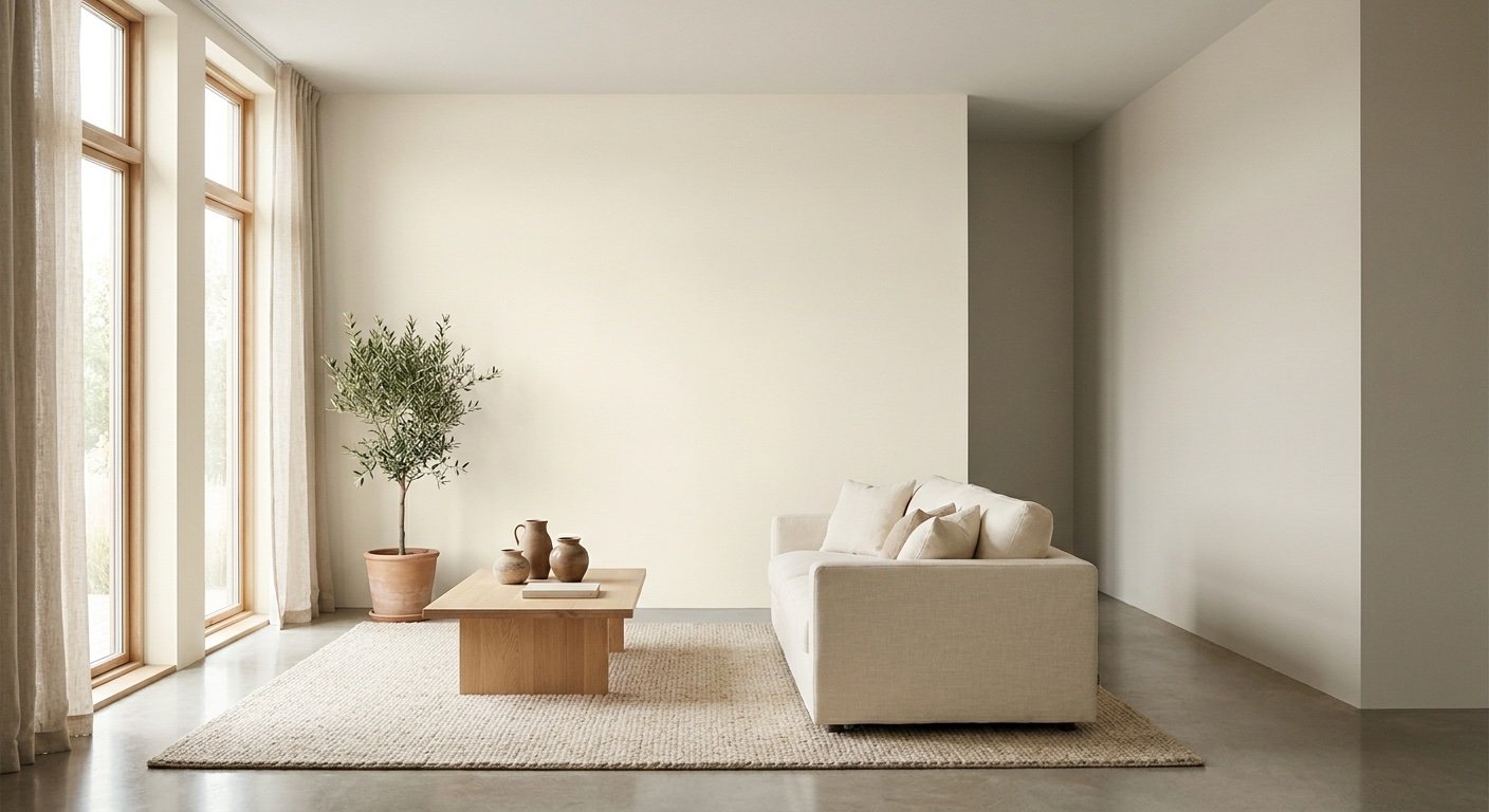 Sherwin Williams Shoji White SW 7042 warm off-white living room with natural light and neutral furnishings.