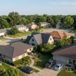 Aerial view of a U.S. suburban neighborhood with homes featuring asphalt shingle, metal, tile, and slate roofing.
