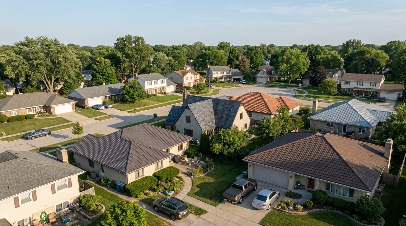 Aerial view of a U.S. suburban neighborhood with homes featuring asphalt shingle, metal, tile, and slate roofing.
